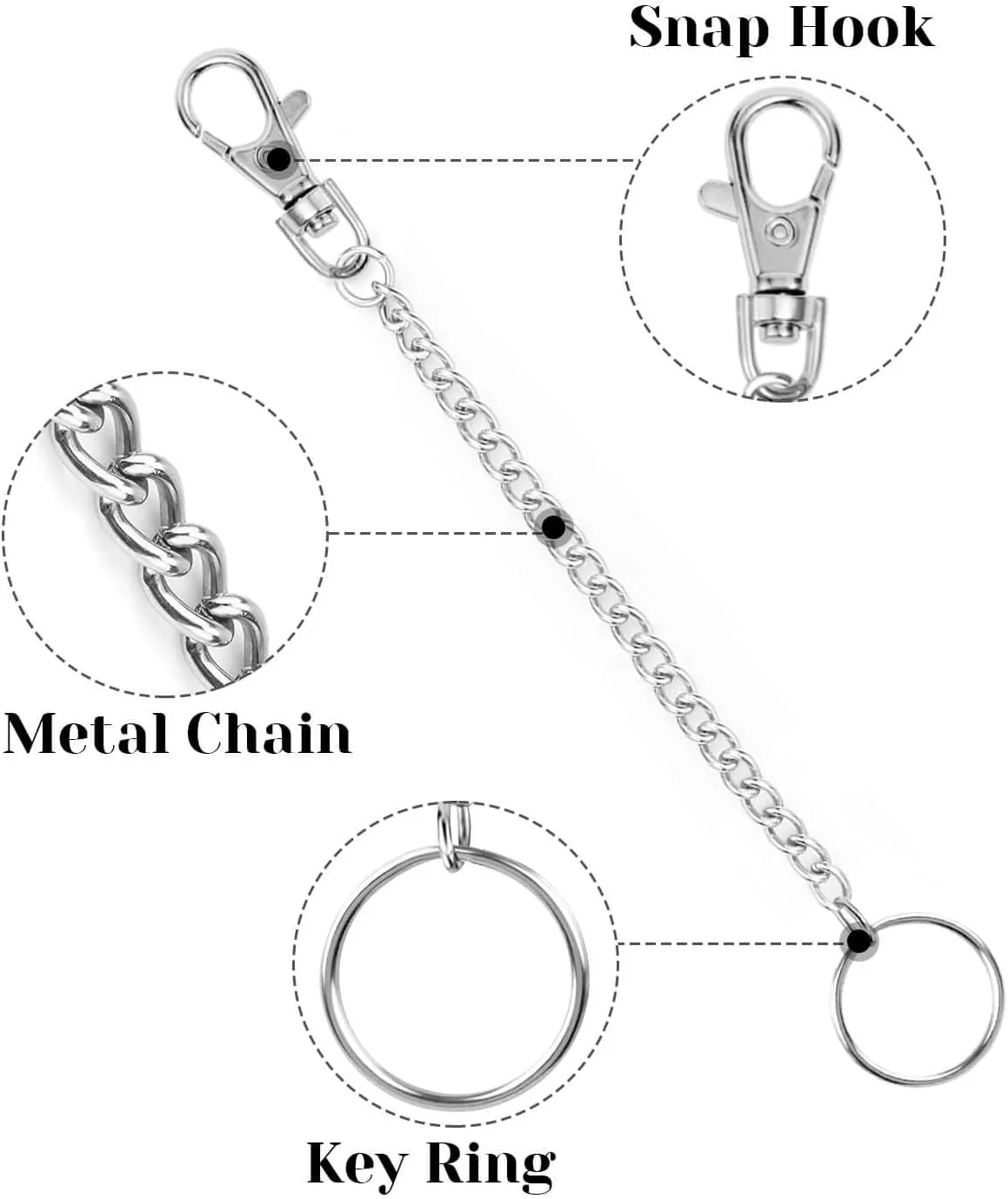 2Pcs Chain Set Wallet Chain Pants Pocket Chain with Keyring (16” & 20”)