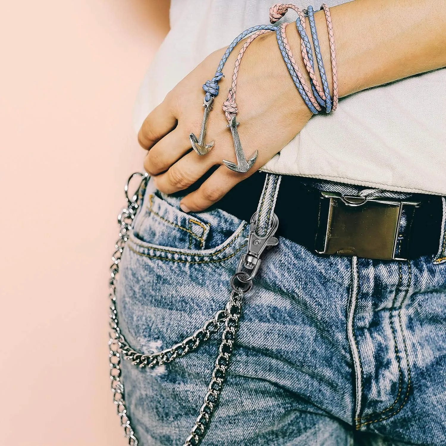 2Pcs Chain Set Wallet Chain Pants Pocket Chain with Keyring (16” & 20”)