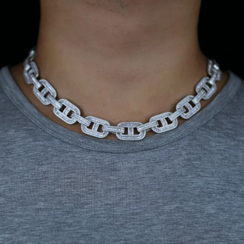 5A Baguette CZ Cuban Necklace Silver Gold Lock Pin Link Chain