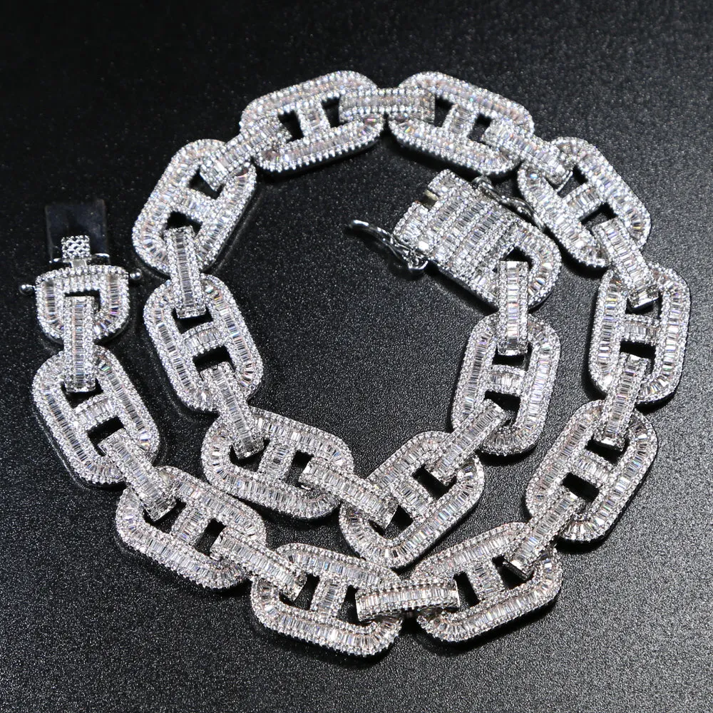 5A Baguette CZ Cuban Necklace Silver Gold Lock Pin Link Chain