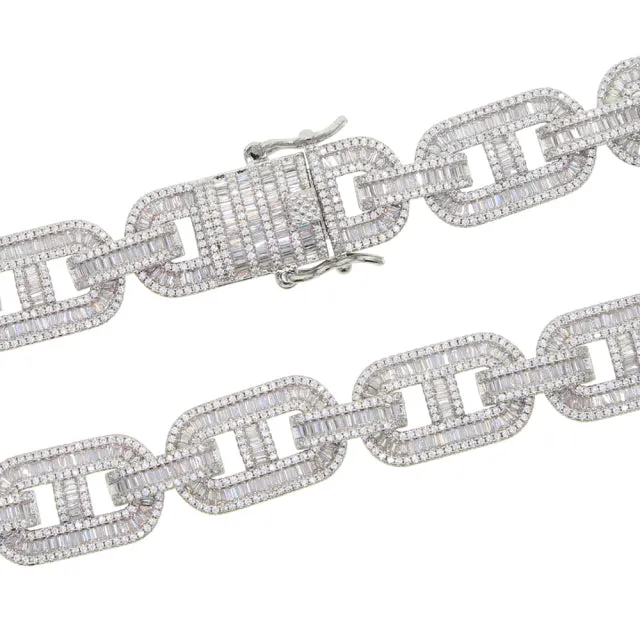 5A Baguette CZ Cuban Necklace Silver Gold Lock Pin Link Chain