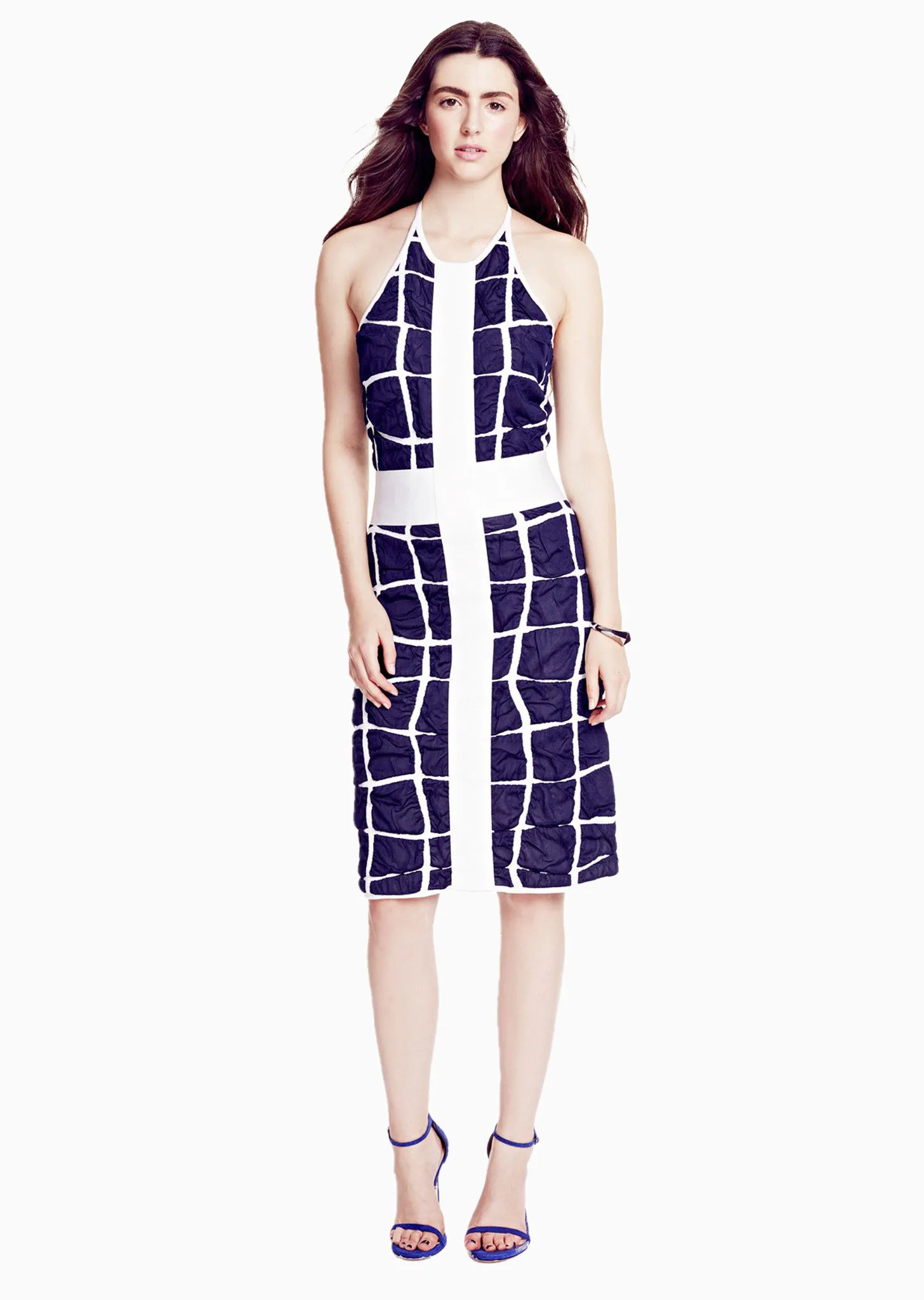 Adelaide - Geometric Patterned, Blue Knitwear Halter Dress