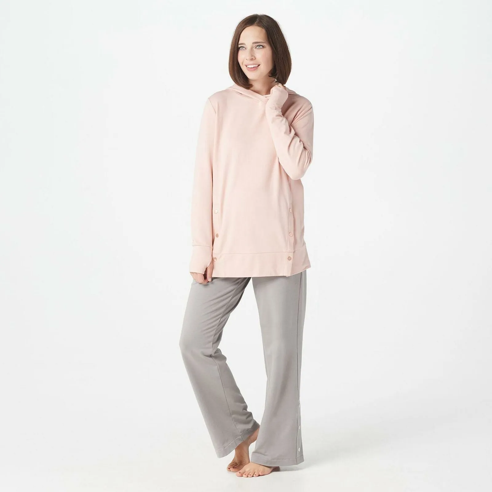 AnyBody French Terry Sweatshirt Hoodie With Side Snaps Pink Sand Small