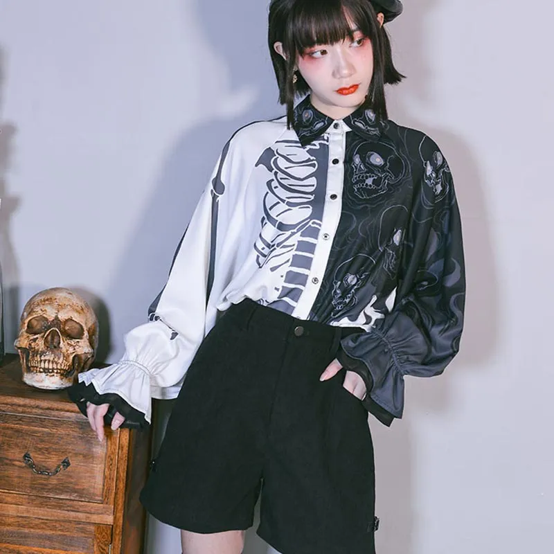 Asymmetric Printed Lantern Sleeve Shirt Retro Design Spring Shirt