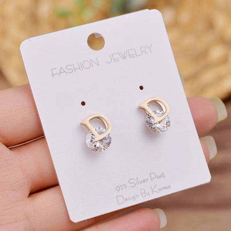 Asymmetric Stainless Steel D-Letter Zircon Stud Earrings for Women - Shimmering and Unique Lady's Earrings