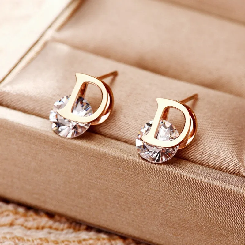 Asymmetric Stainless Steel D-Letter Zircon Stud Earrings for Women - Shimmering and Unique Lady's Earrings