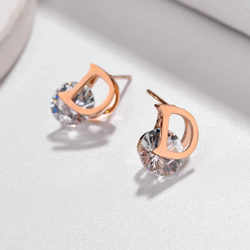 Asymmetric Stainless Steel D-Letter Zircon Stud Earrings for Women - Shimmering and Unique Lady's Earrings