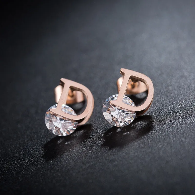 Asymmetric Stainless Steel D-Letter Zircon Stud Earrings for Women - Shimmering and Unique Lady's Earrings