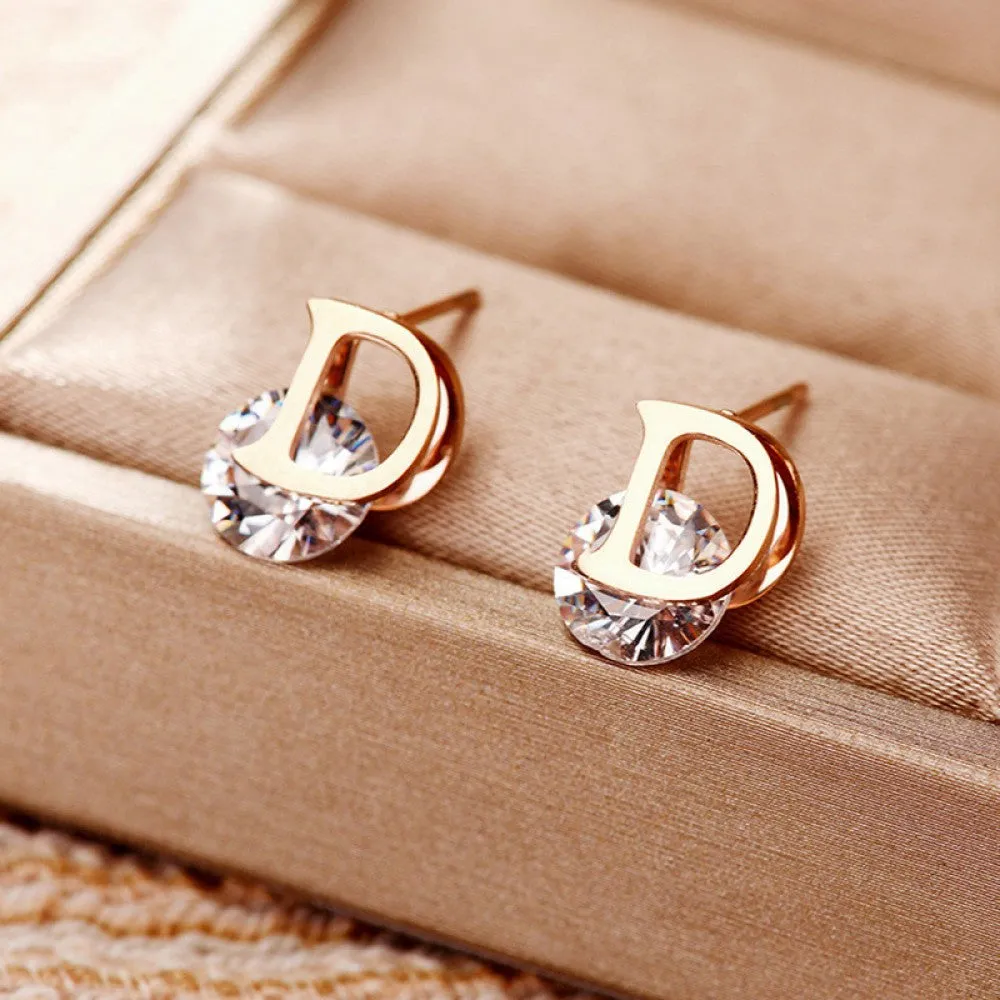 Asymmetric Stainless Steel D-Letter Zircon Stud Earrings for Women - Shimmering and Unique Lady's Earrings