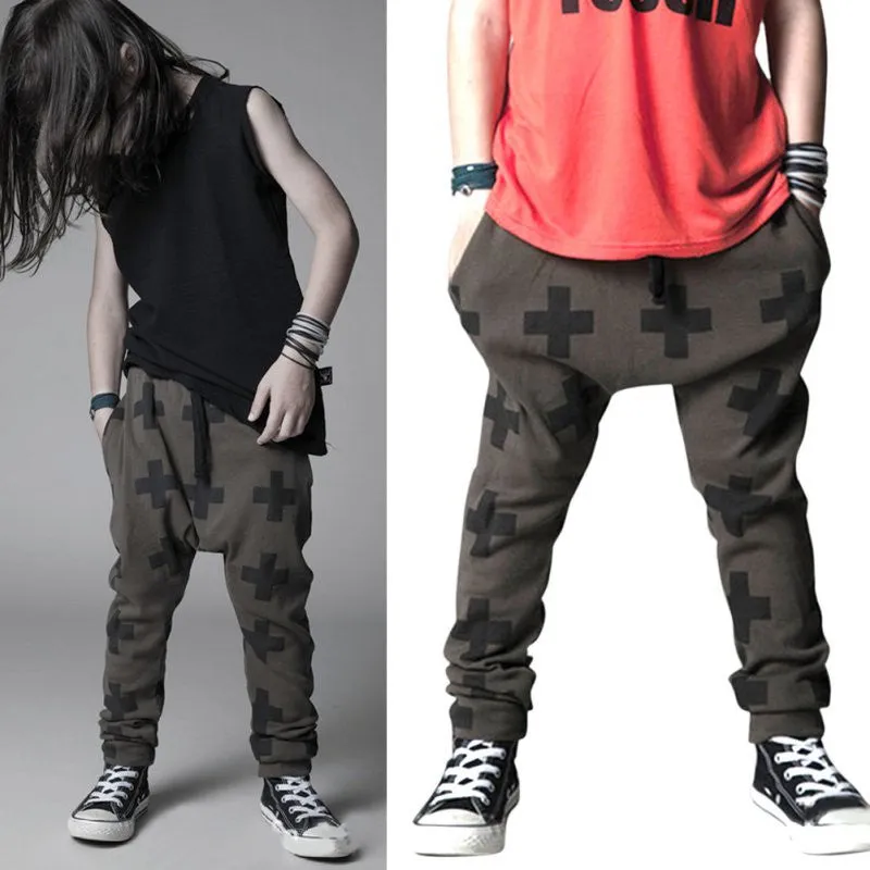 Baby Boy Girls Cotton Cross Pattern Bottoms Harem Pants Hip-Pop Trousers For 2-6Y