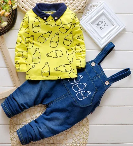 Baby Boys Clothing set Suit Overalls Gentleman long-sleeved shirt   pants 2pcs Denim jeans Kids