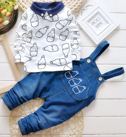 Baby Boys Clothing set Suit Overalls Gentleman long-sleeved shirt   pants 2pcs Denim jeans Kids