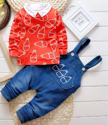 Baby Boys Clothing set Suit Overalls Gentleman long-sleeved shirt   pants 2pcs Denim jeans Kids