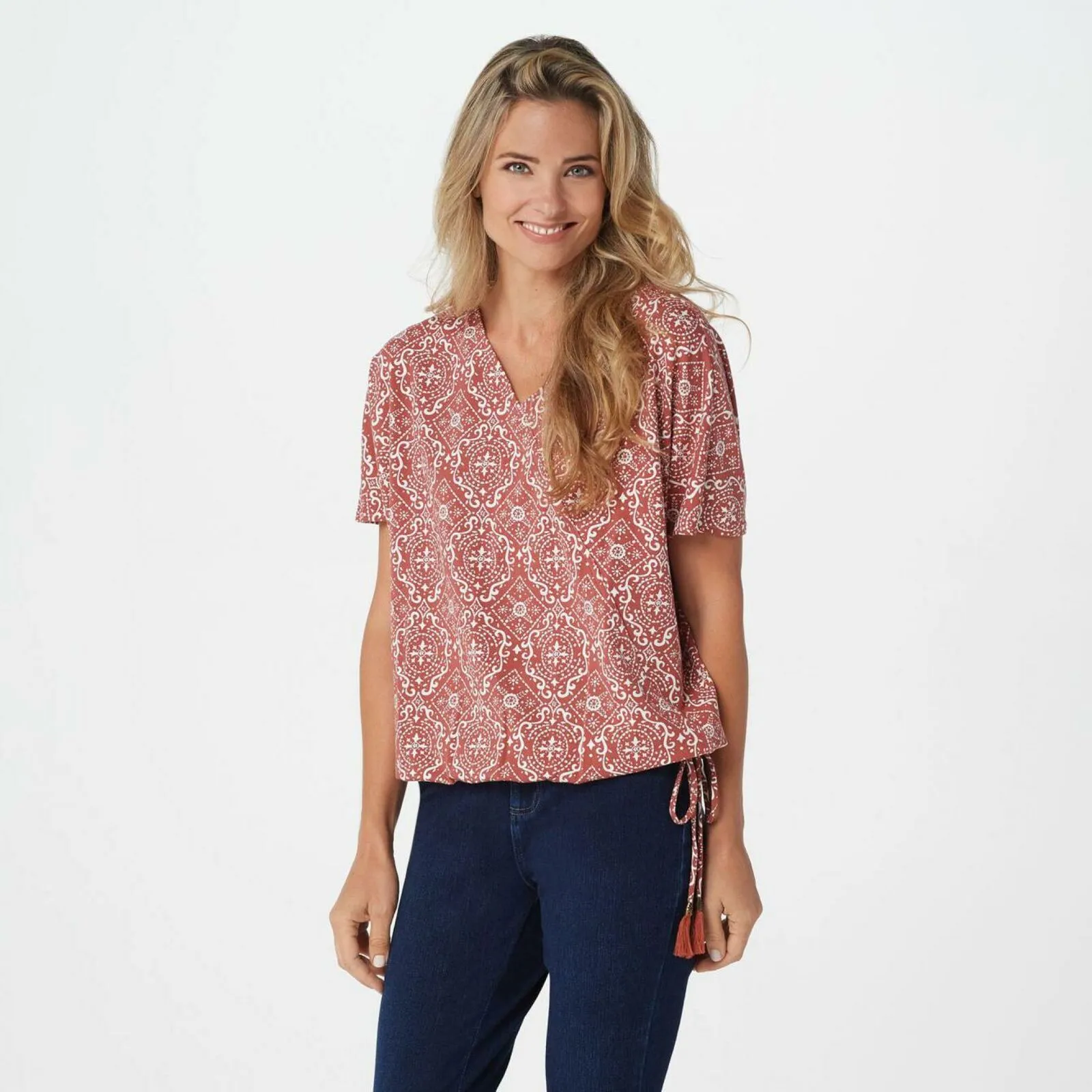 Belle by Kim Gravel Women's TripleLuxe Knit Faux Wrap Top Tassles