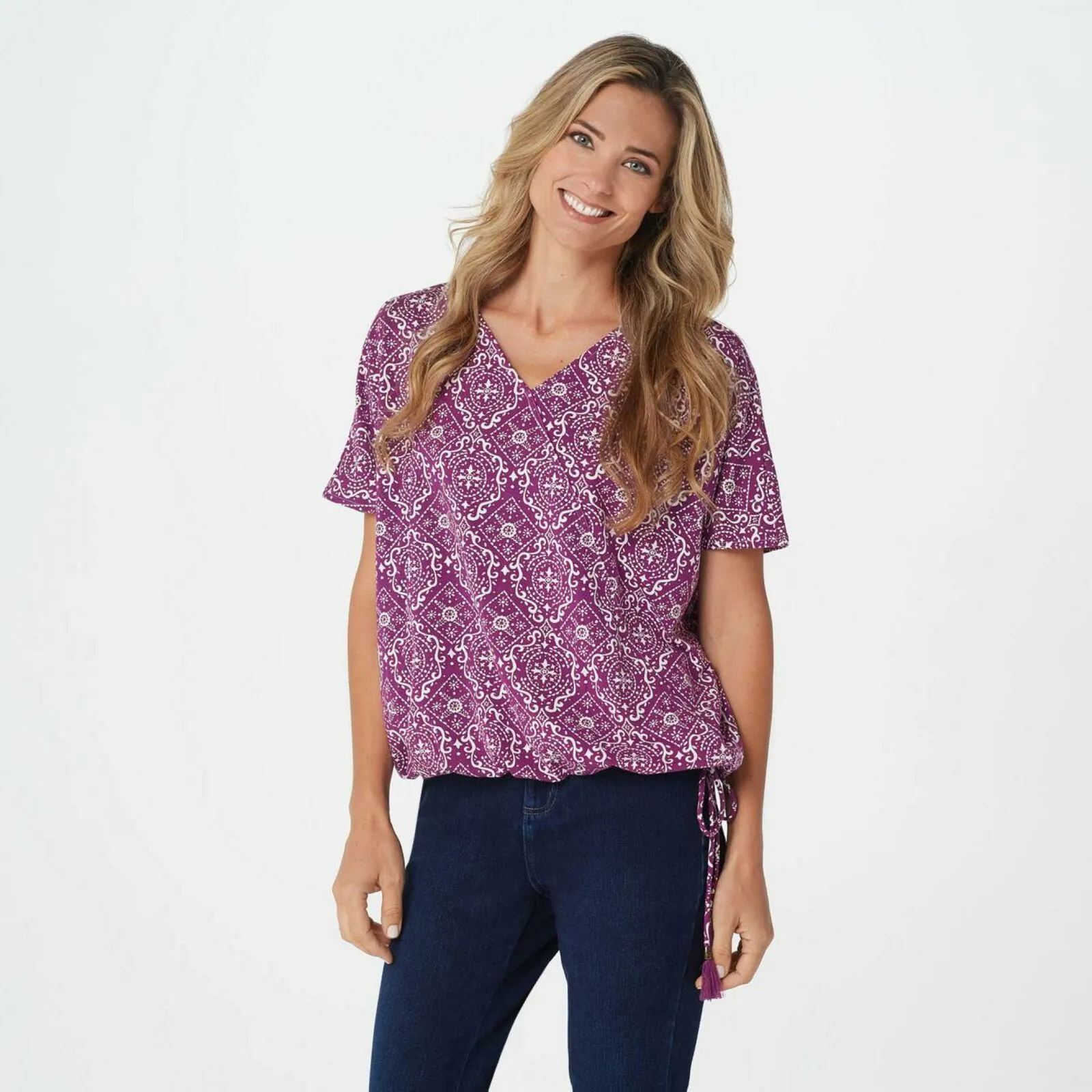 Belle by Kim Gravel Women's TripleLuxe Knit Faux Wrap Top Tassles