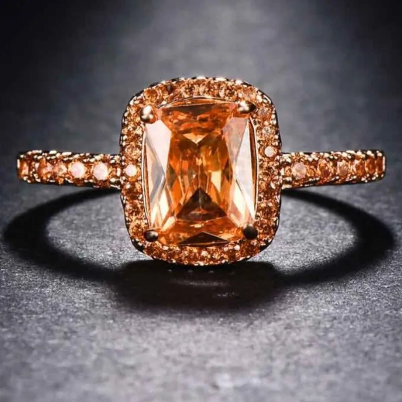 Big Square  Champagne Zircon Ring Rose Gold For Women Jewelry