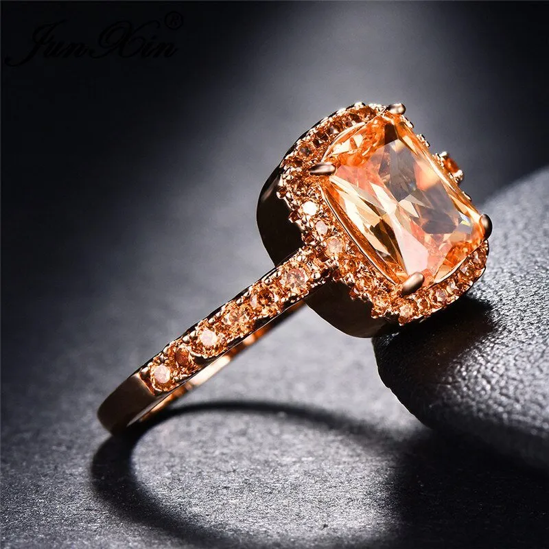 Big Square  Champagne Zircon Ring Rose Gold For Women Jewelry