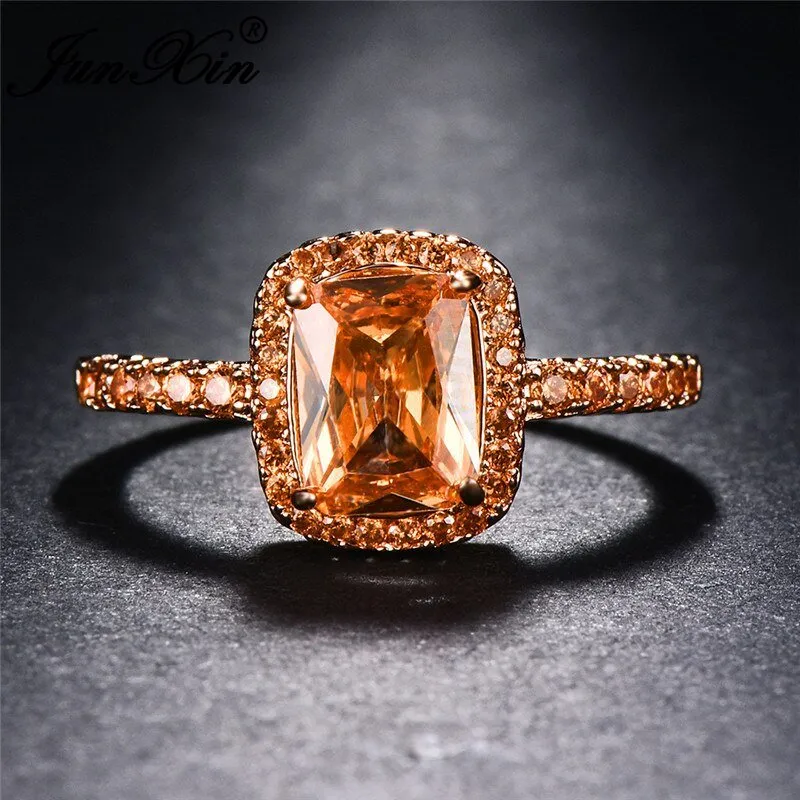 Big Square  Champagne Zircon Ring Rose Gold For Women Jewelry