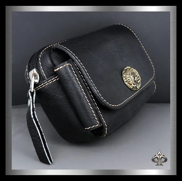 Biker Black Leather Belt Pouch Japanese Koi Fish Concho