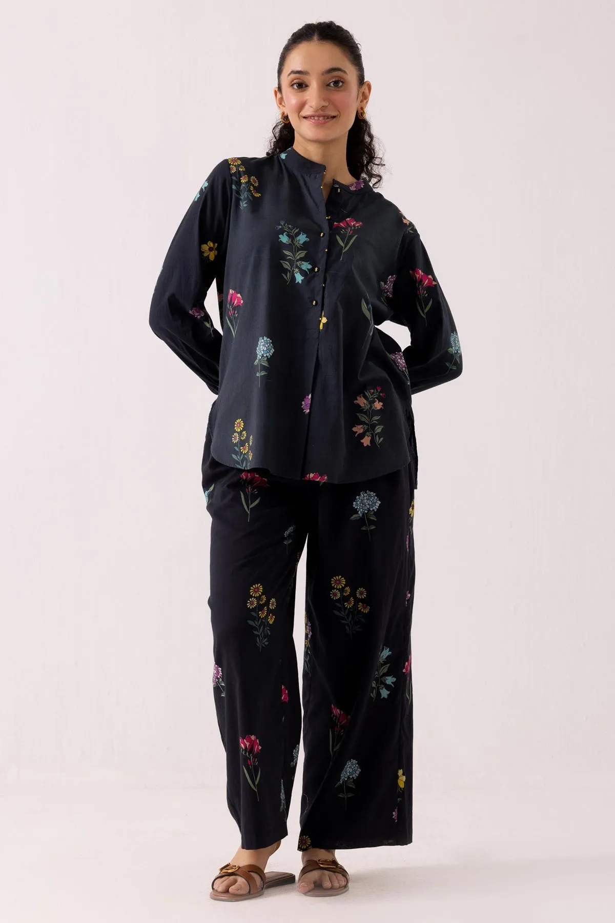 Black Cotton Print Shirt & Pants