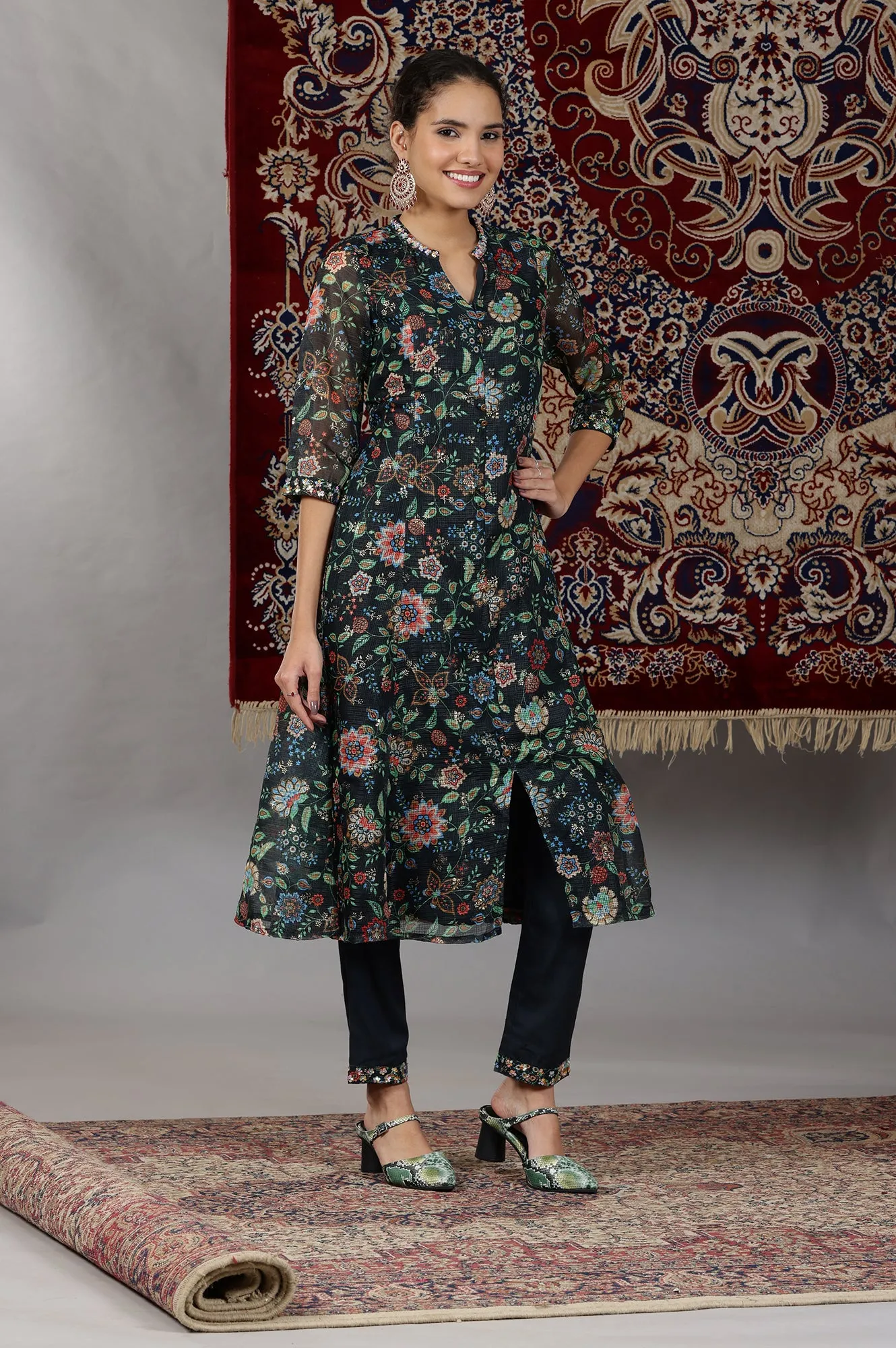 Black Floral Printed Kota Panelled Kurta, Pants and Dupatta Set