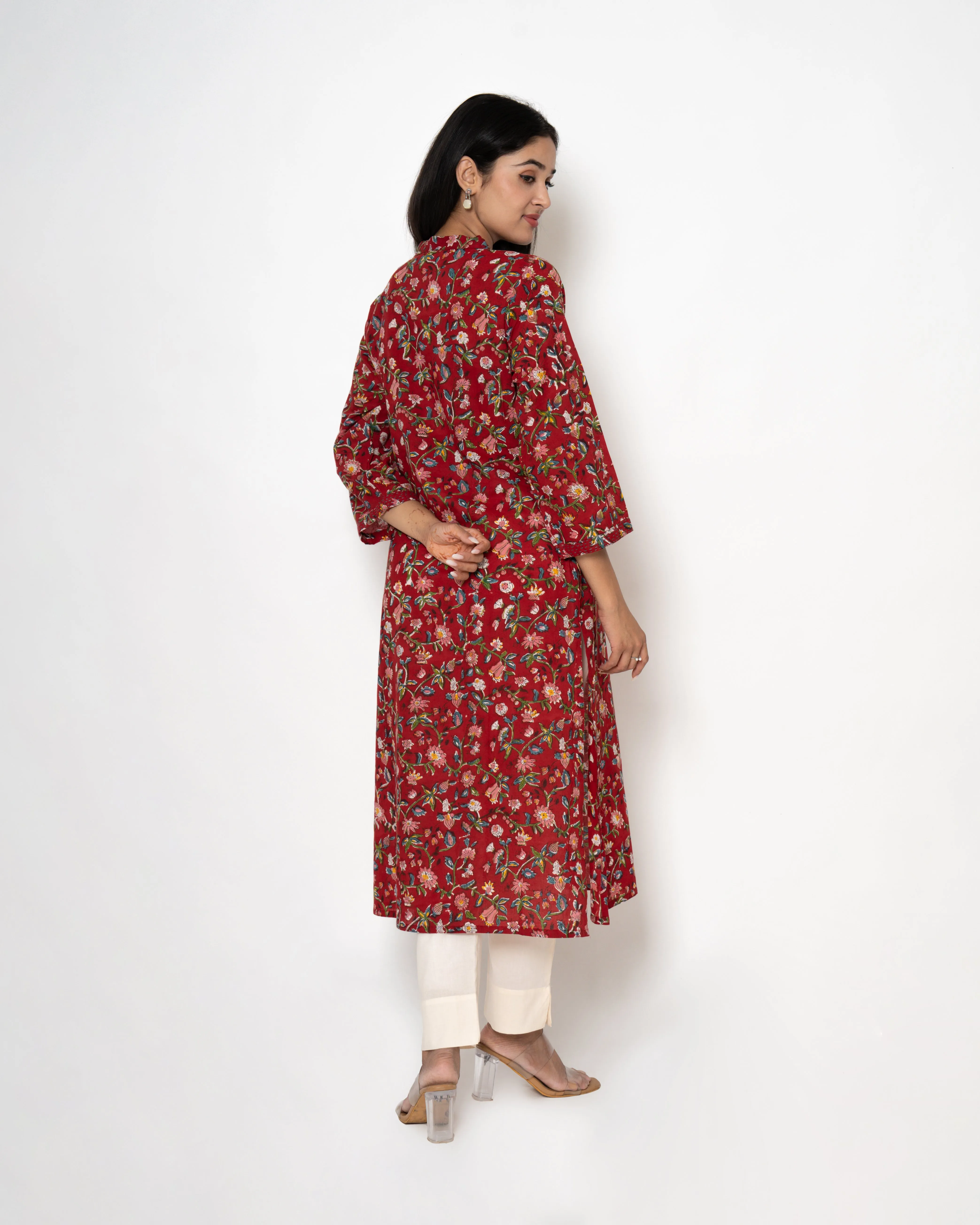 Bloomy Ruby Handblock Print Cotton Kurta Set