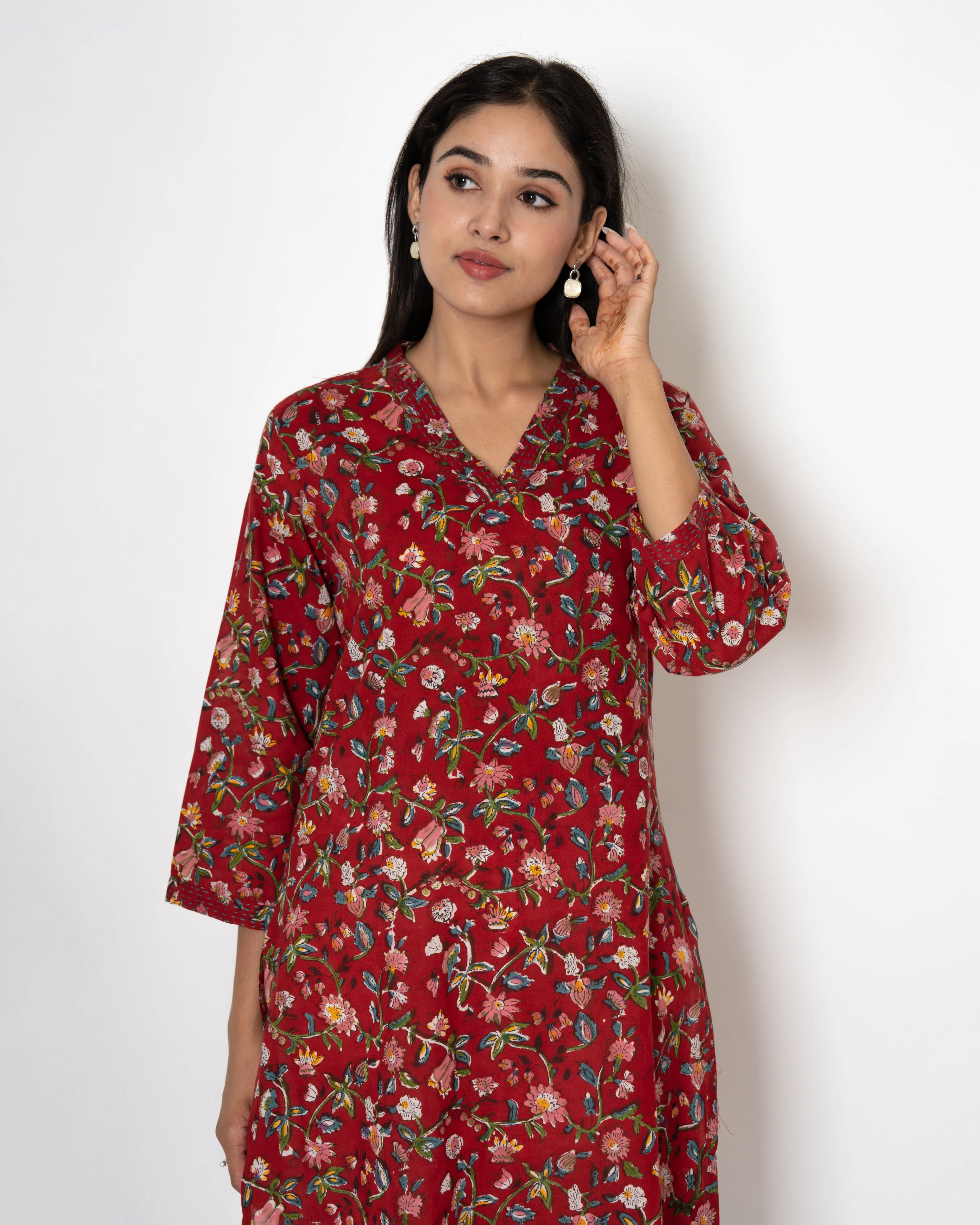Bloomy Ruby Handblock Print Cotton Kurta Set