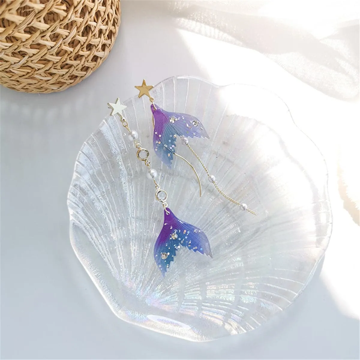 Blue Acrylic & 18K Gold-Plated Fishtail Asymmetric Drop Earrings