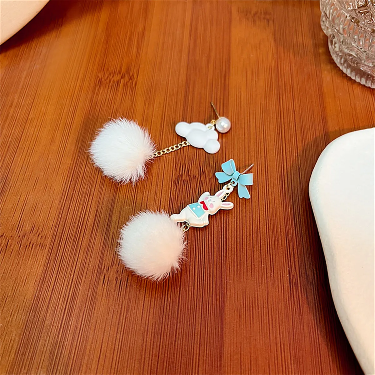 Blue Enamel & Pearl 18K Gold-Plated Rabbit Cloud Asymmetric Drop Earrings