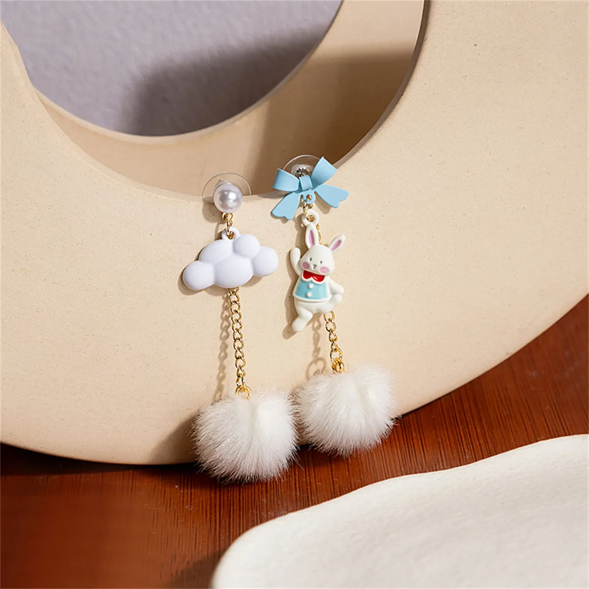 Blue Enamel & Pearl 18K Gold-Plated Rabbit Cloud Asymmetric Drop Earrings