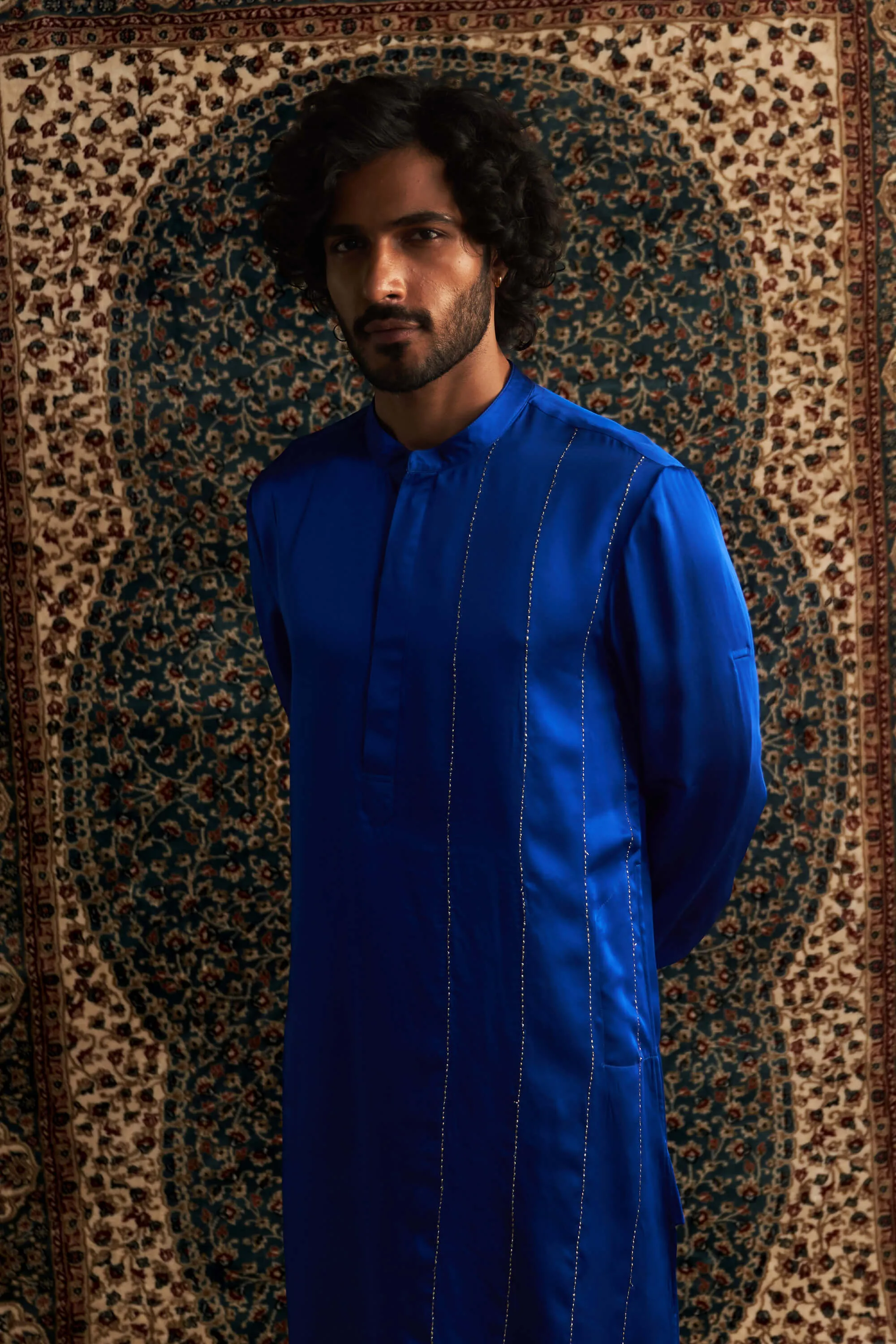 Blue modal satin kurta and straight pants