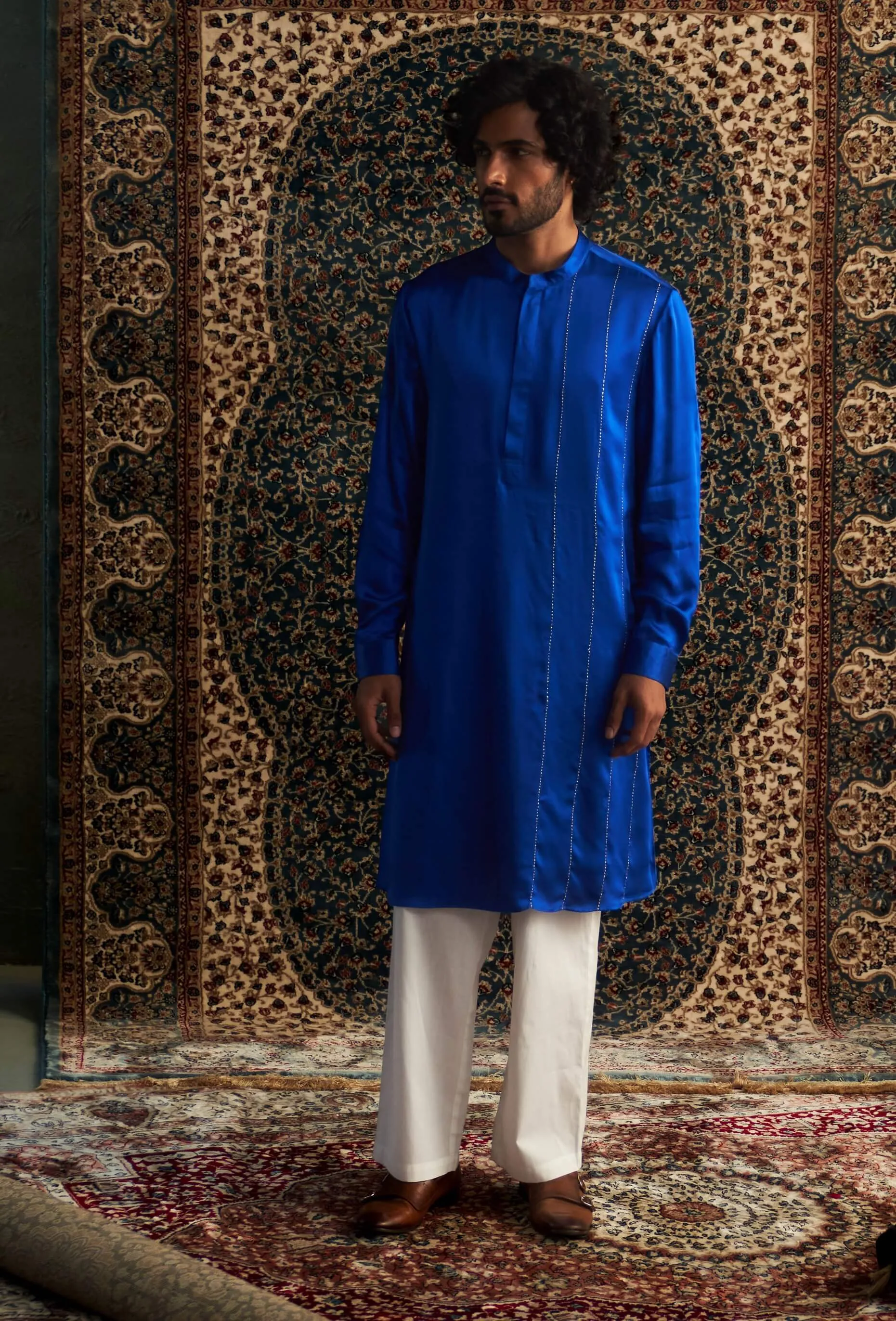 Blue modal satin kurta and straight pants