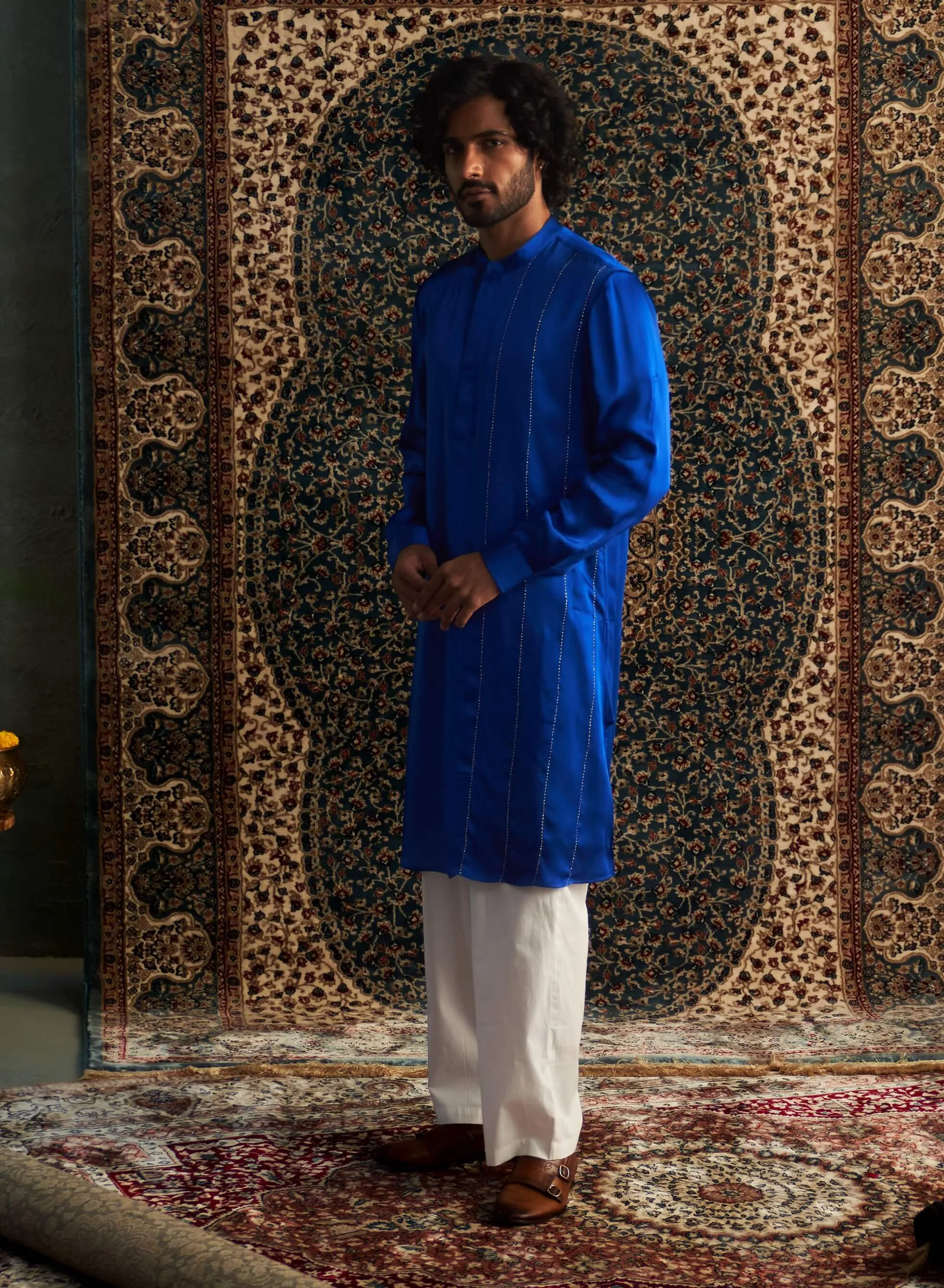 Blue modal satin kurta and straight pants