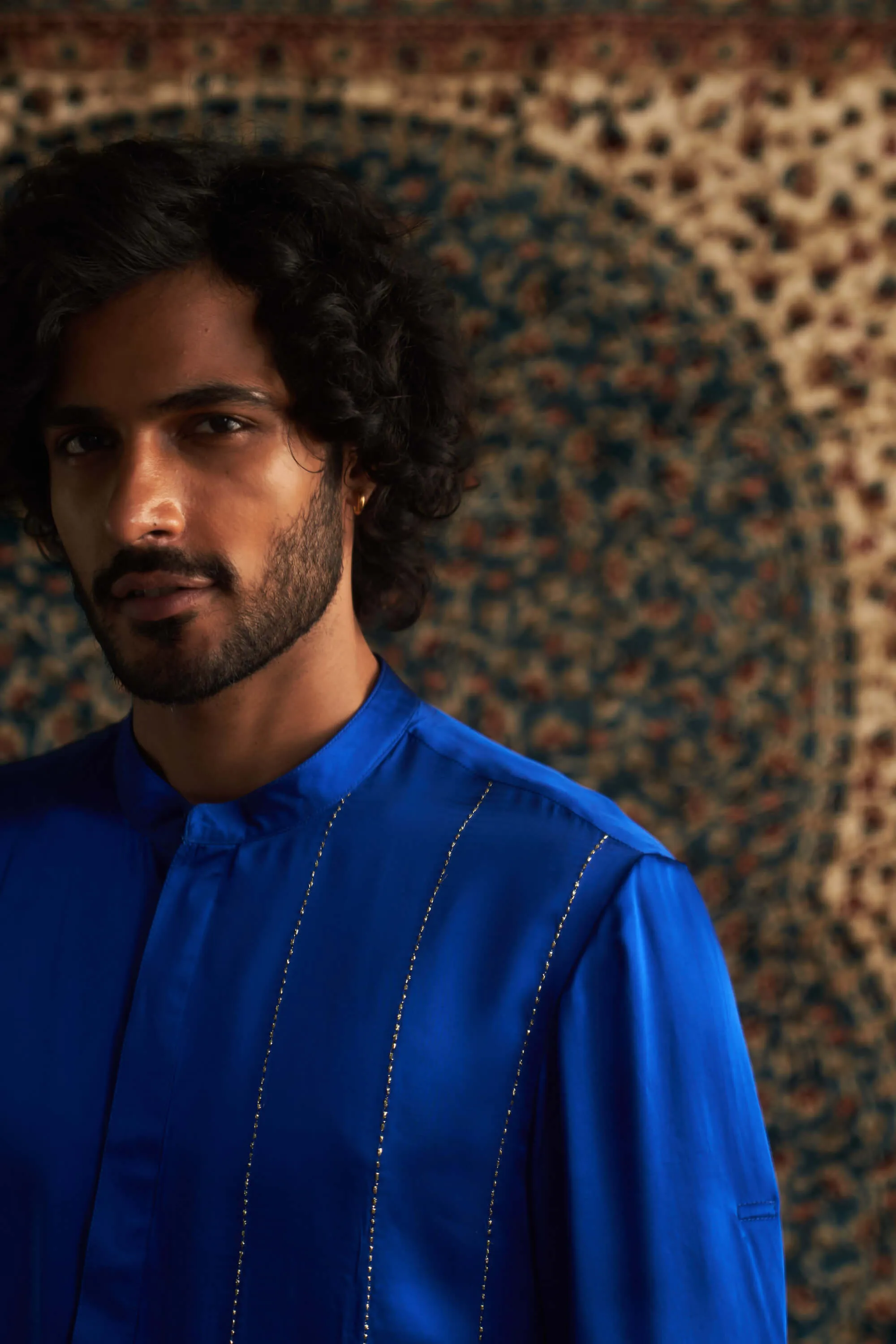 Blue modal satin kurta and straight pants