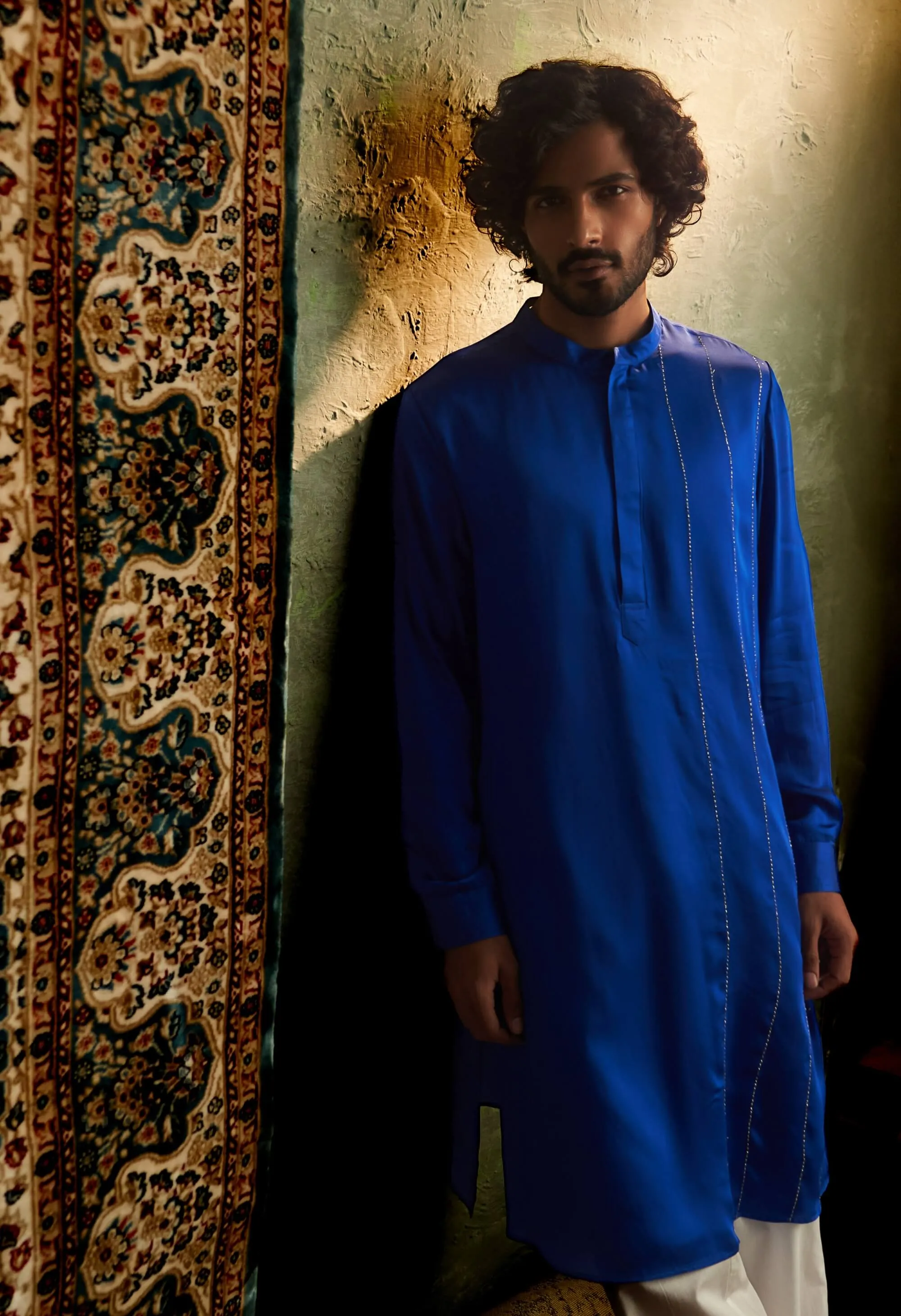 Blue modal satin kurta and straight pants
