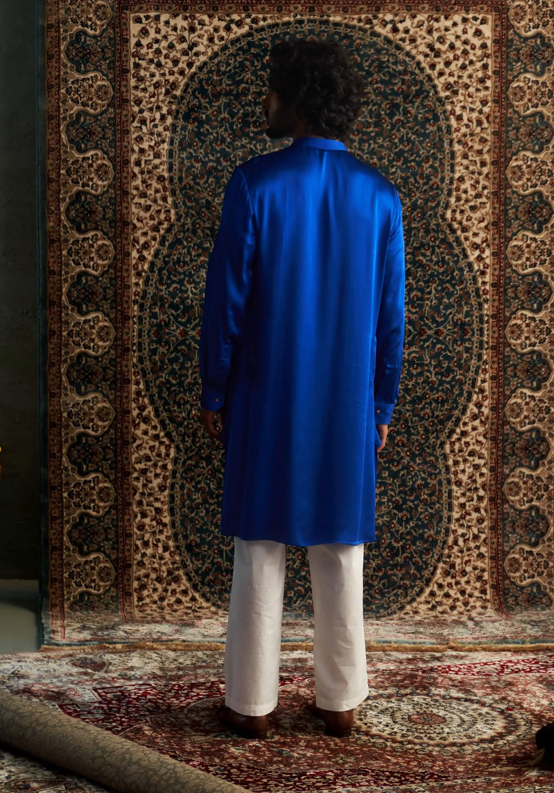 Blue modal satin kurta and straight pants
