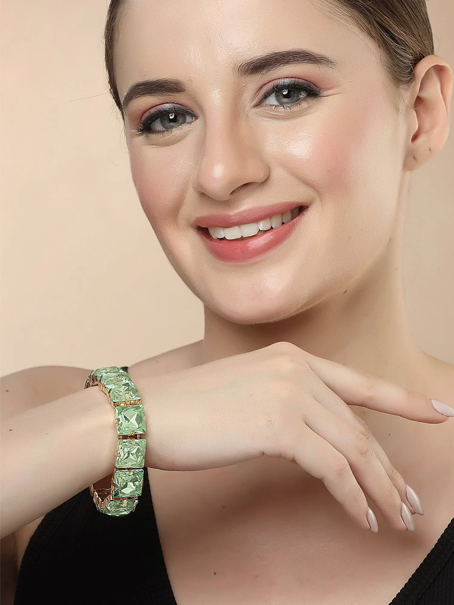 Bohey by KARATCART Gold-Plated Lime Green Cubic Zirconia Studded Wraparound Bracelet for Women
