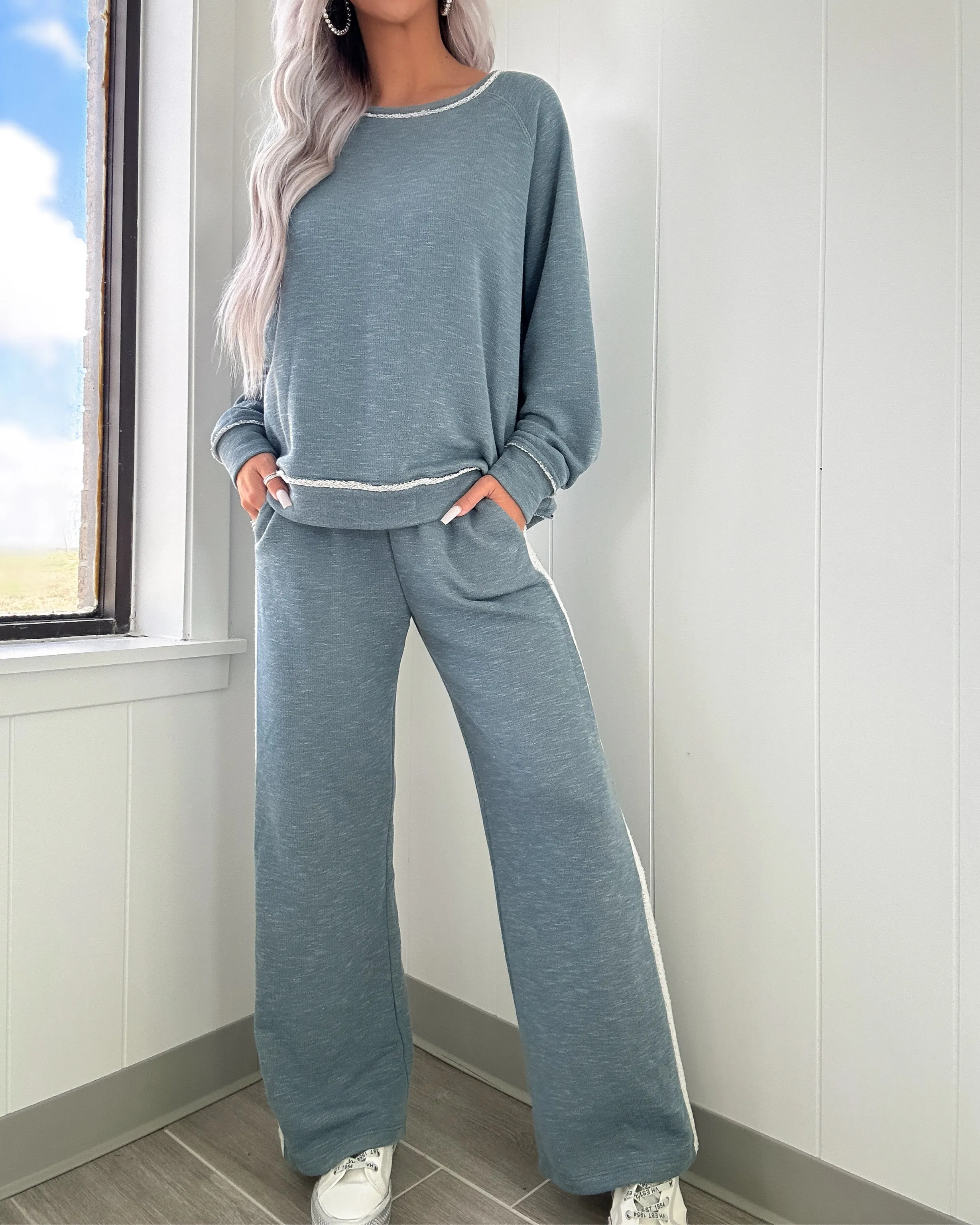 Brisk Walk French Terry Pants Set - Seagrass