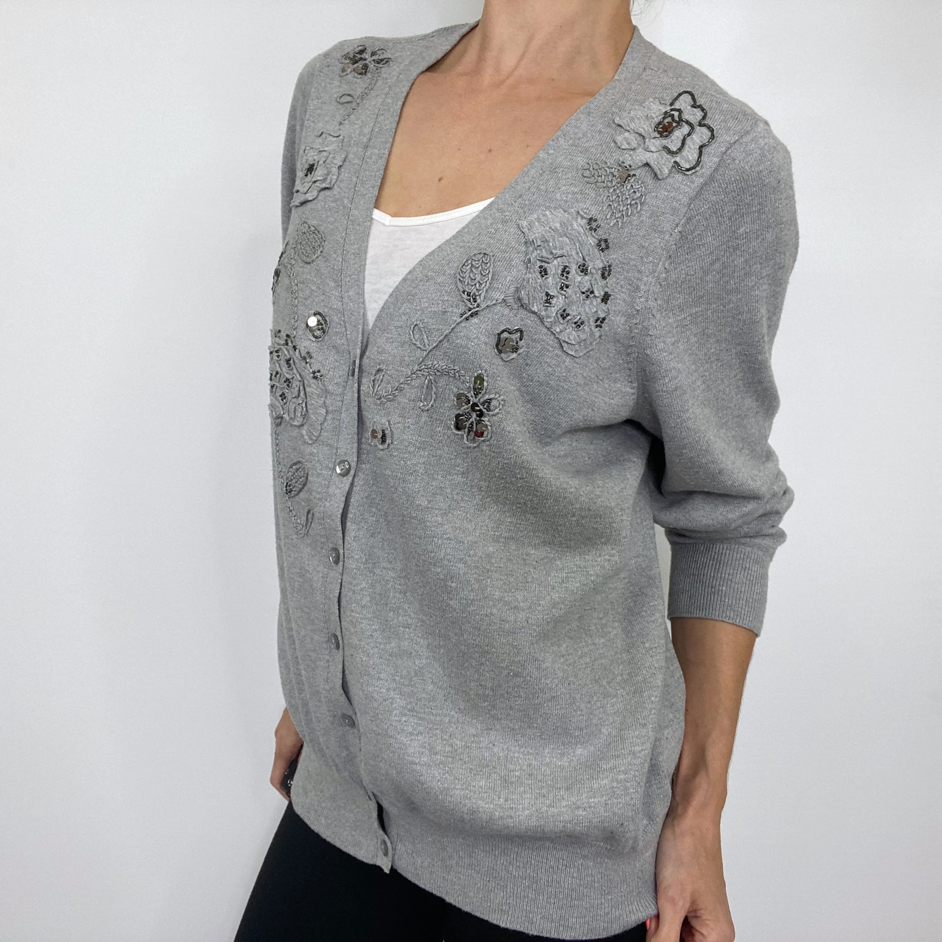 Caslon Gray Floral Appliqué Cotton Cashmere V-Neck Cardigan