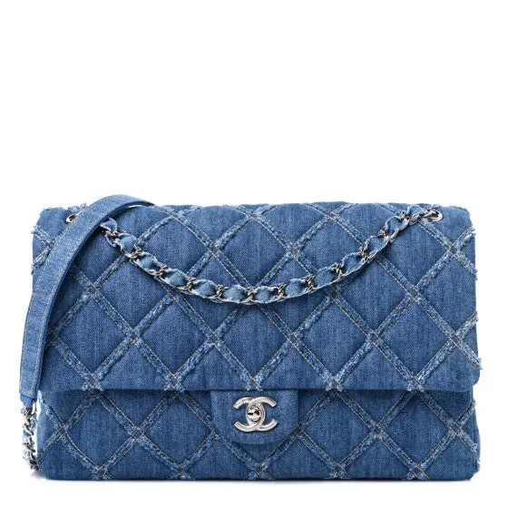 Chanel Frayed Denim Quilted Large Blue Flap