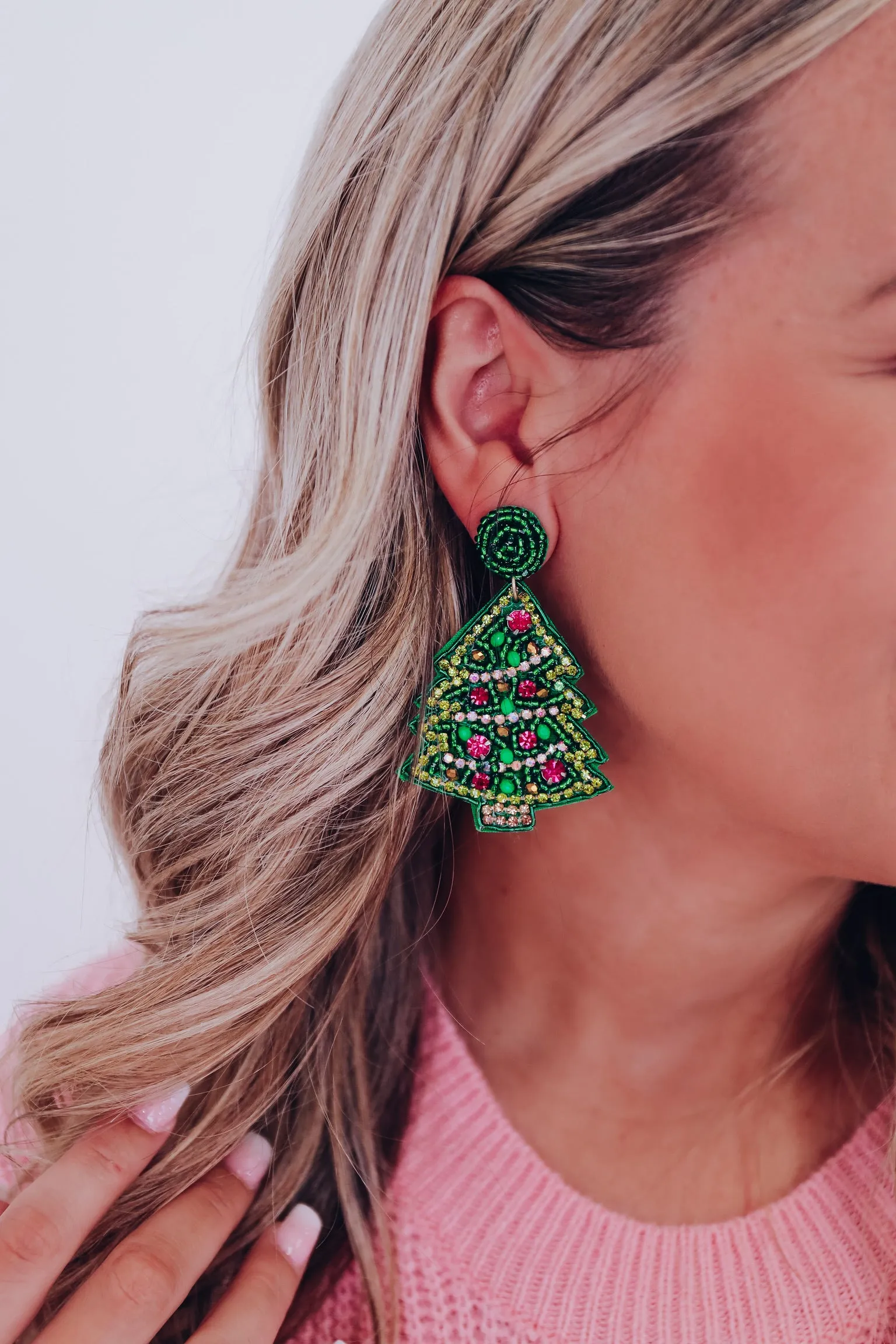 Christmas Tree Seed Bead Earrings - Green
