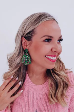 Christmas Tree Seed Bead Earrings - Green