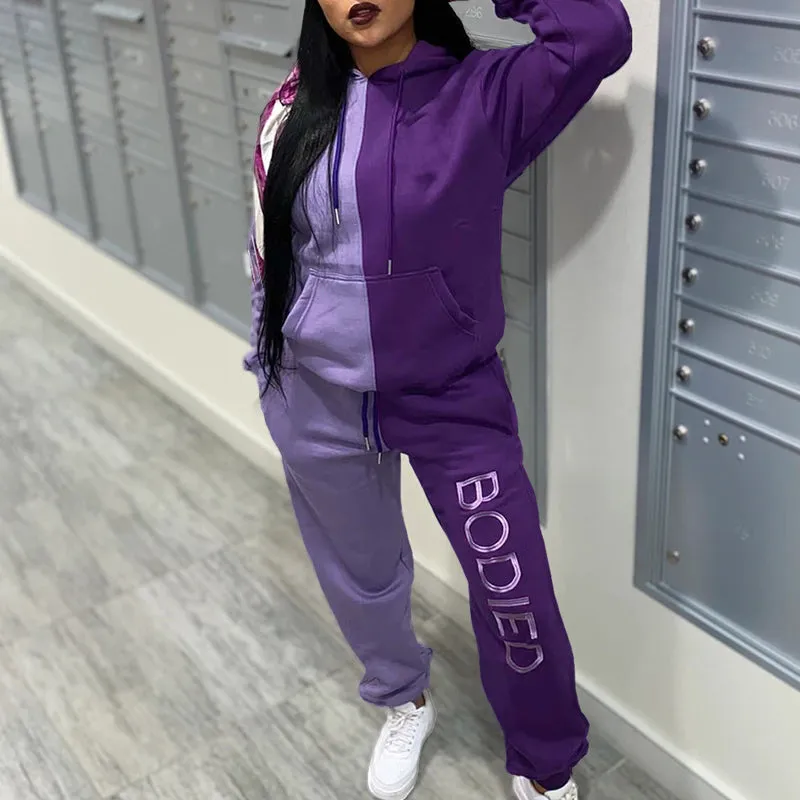 Colorblock Pockets Design Hooded Top & Pants Set