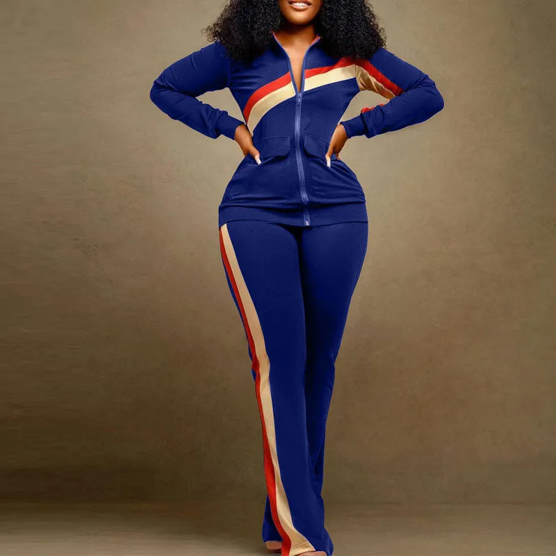 Colorful Long Sleeve Zipper Design Top & Pants Set