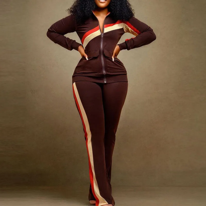 Colorful Long Sleeve Zipper Design Top & Pants Set