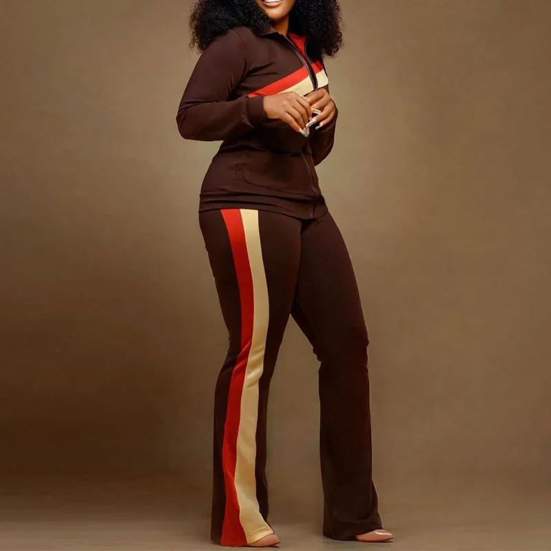 Colorful Long Sleeve Zipper Design Top & Pants Set