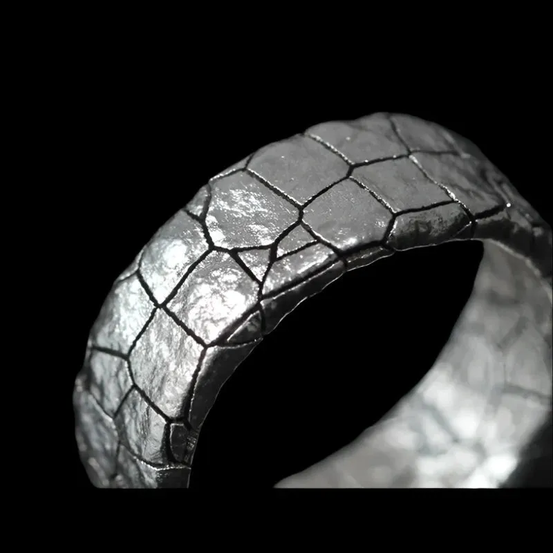 Cracked Stone Pattern Ring For Men 925 Silver Retro Male  Jewelry