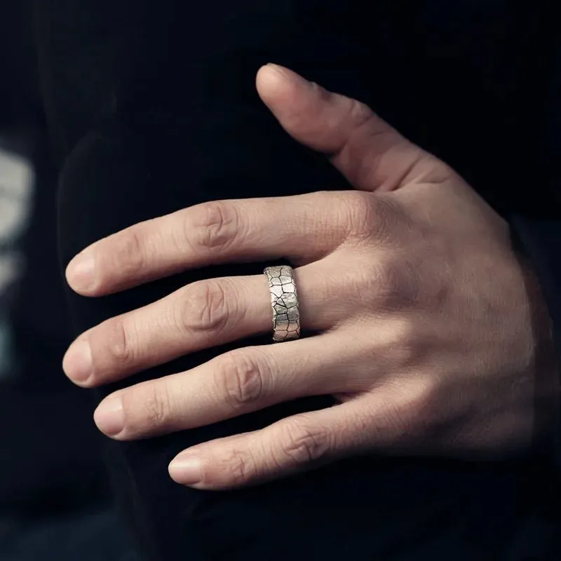 Cracked Stone Pattern Ring For Men 925 Silver Retro Male  Jewelry