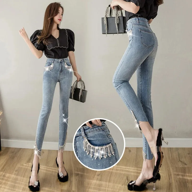 Cropped Jeans Women Stretch Slim High Waist Denim Pants Femme Rhinestone Tassel Skinny Trousers Trendy 2023 Clothing