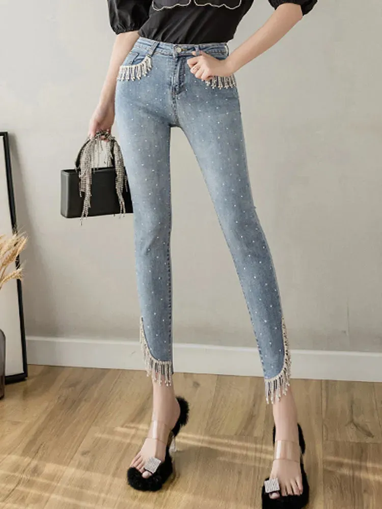 Cropped Jeans Women Stretch Slim High Waist Denim Pants Femme Rhinestone Tassel Skinny Trousers Trendy 2023 Clothing